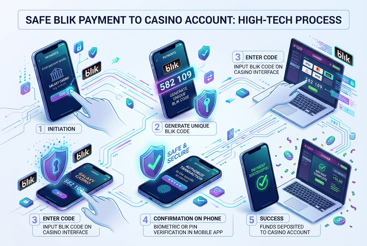 Infographic showing safe payment process via BLIK from mobile bank app to casino account with shield and check icons