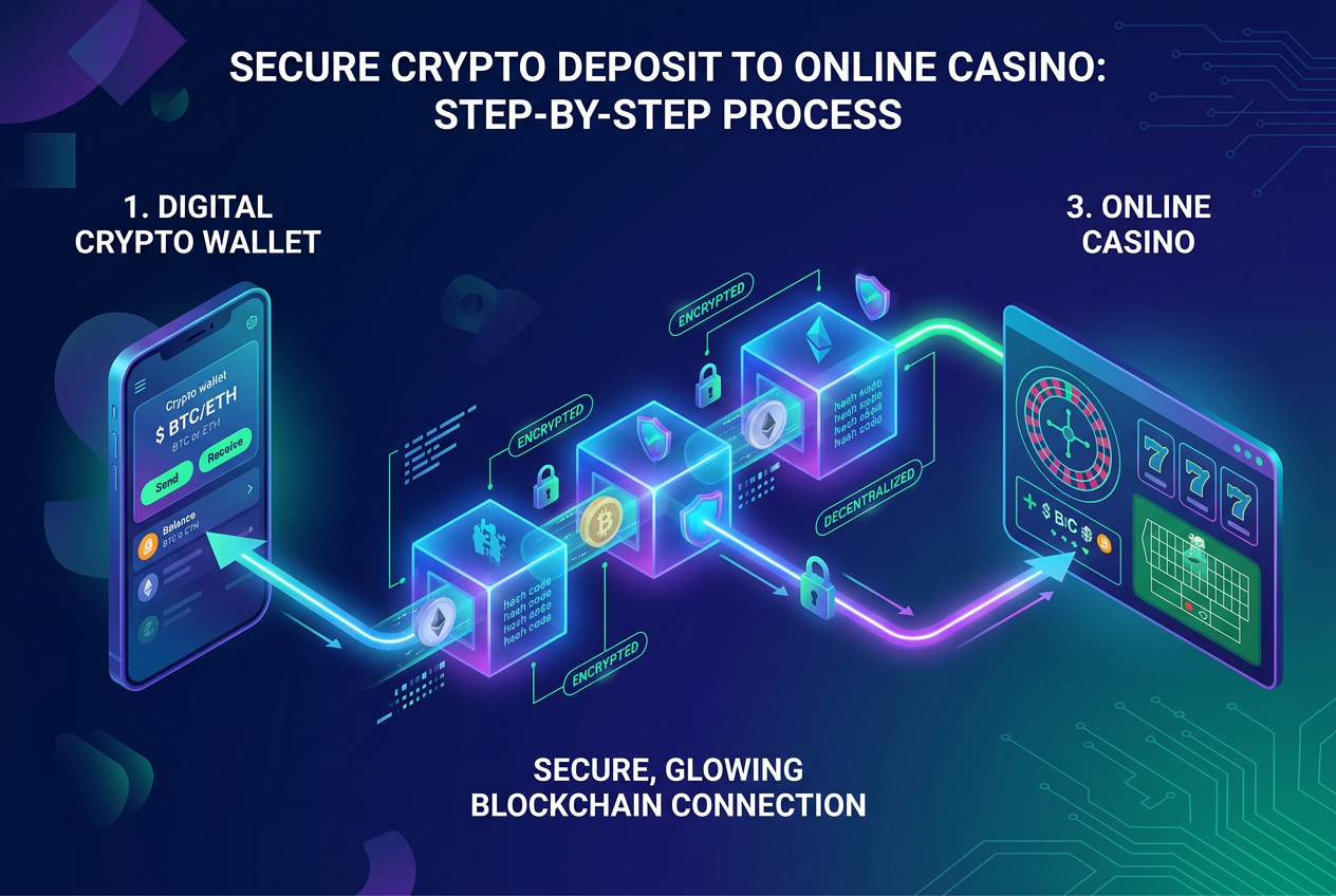 Ilustracja procesu transferu krypto z portfela do kasyna przy użyciu bezpiecznego łącza blockchain