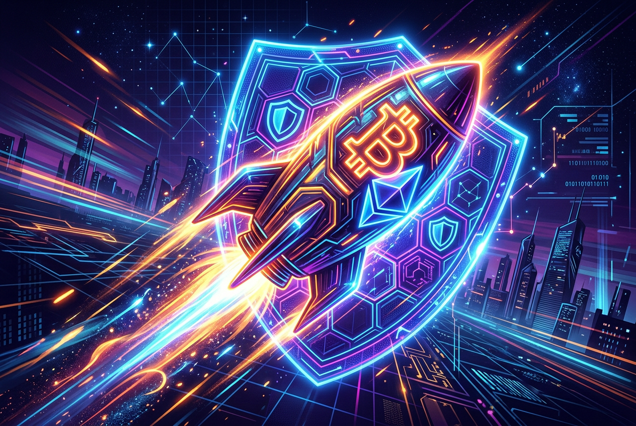 Symbole kryptowalut Bitcoin i Ethereum z ikonami bezpieczeństwa i szybkości
