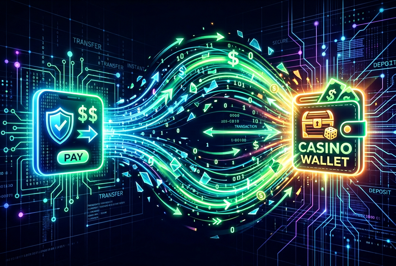 Digital illustration of secure currency exchange flow between a fintech app and an online casino environment