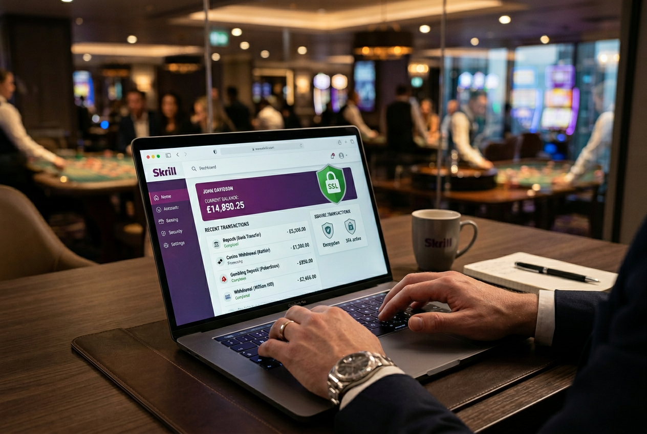 Ekspert analizujący system płatności Skrill w kasynie na nowoczesnym laptopie