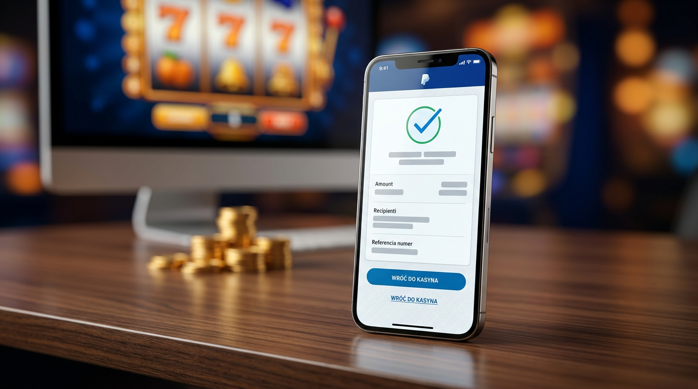 Smartfon z potwierdzeniem transakcji PayPal na tle rozmytych automatów do gier i złotych monet