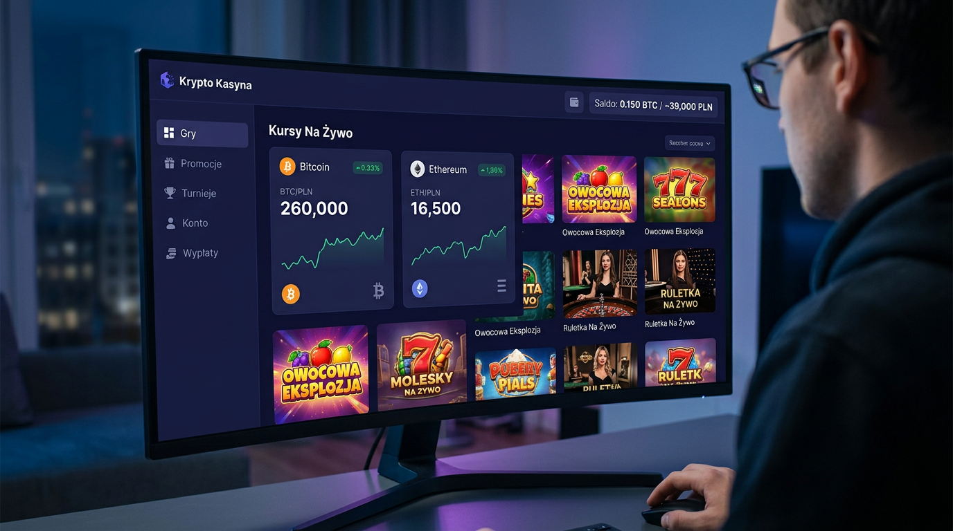 Nowoczesny interfejs krypto kasyna z widocznymi kursami BTC i ETH