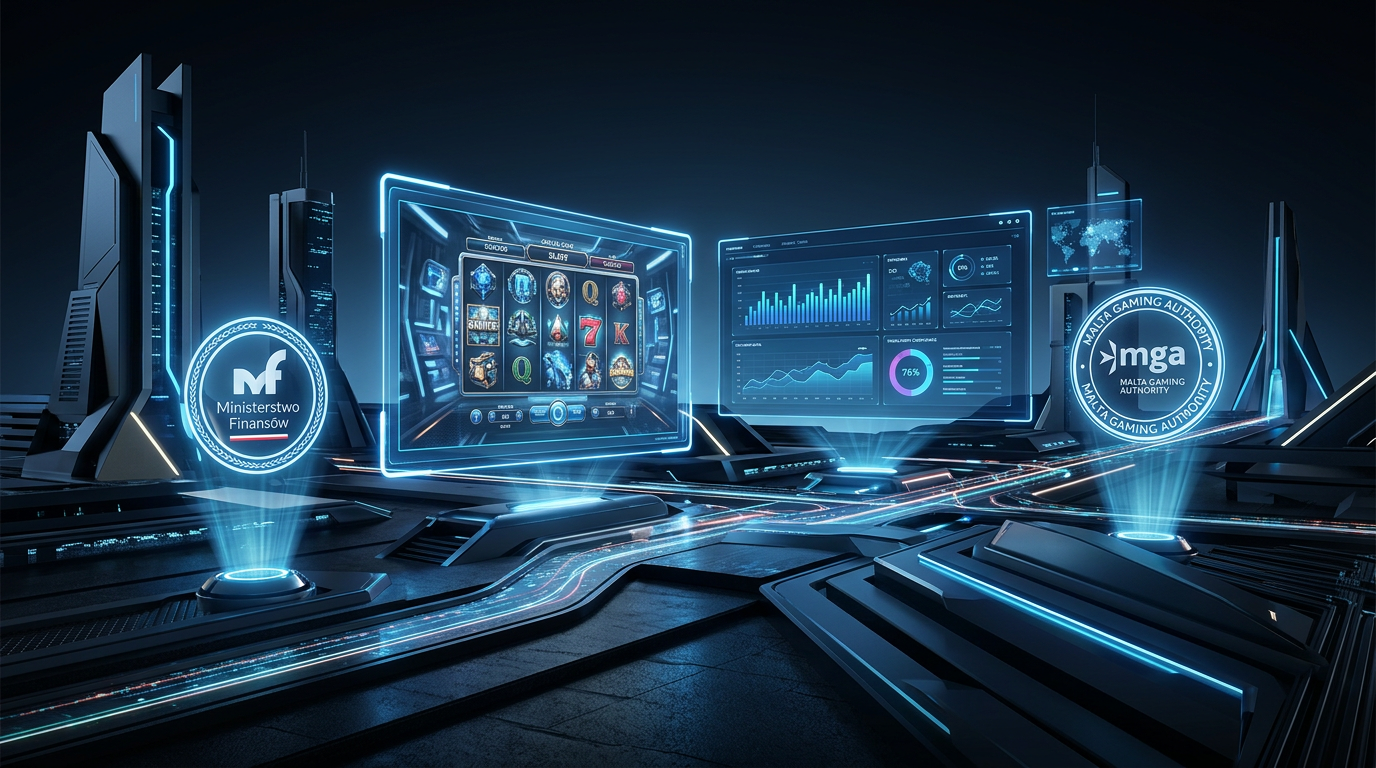 Futuristic visualization of legal online casino market in Poland 2026 with digital security elements.