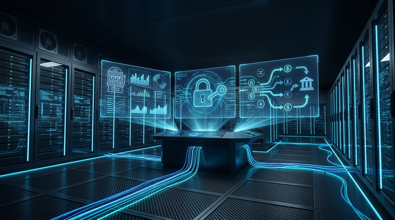 Futurystyczna serwerownia kasyna online 2026 z hologramami i szybkimi płatnościami.