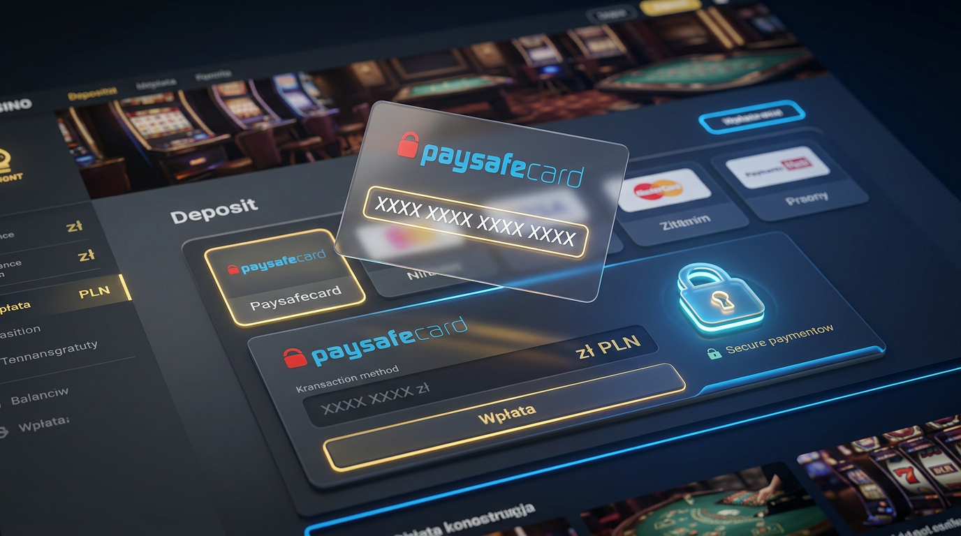 Grafika przedstawiająca bezpieczne płatności Paysafecard w nowoczesnym kasynie online z symbolami PLN.