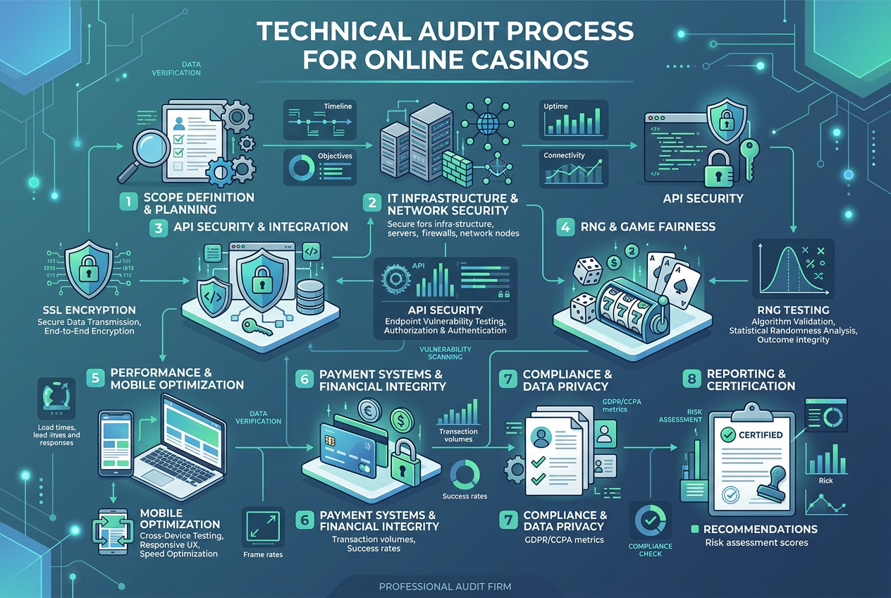 Infografika przedstawiająca proces audytu technicznego gier kasynowych online