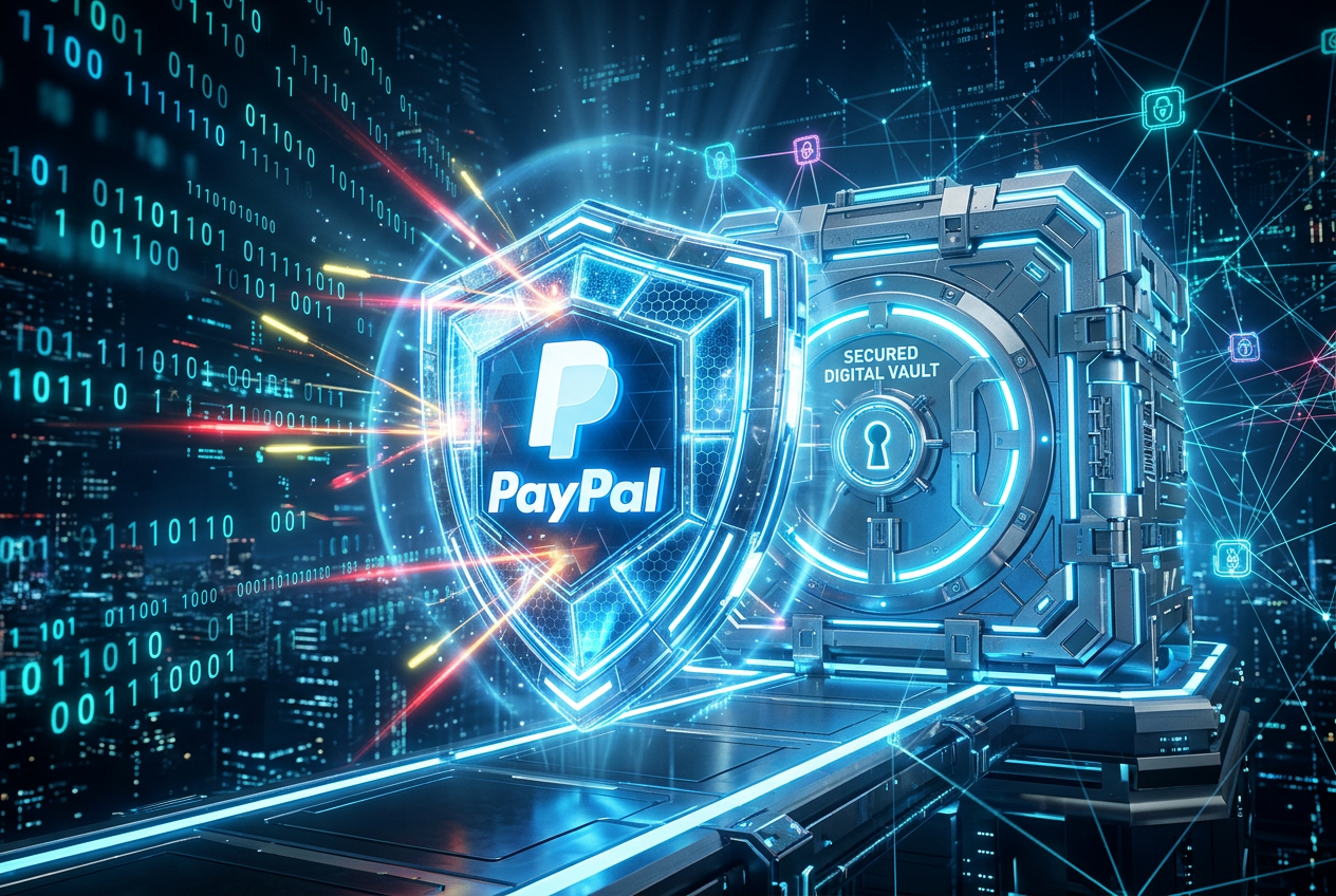 Wizualizacja tarczy bezpieczeństwa z logo PayPal nad cyfrowym sejfem
