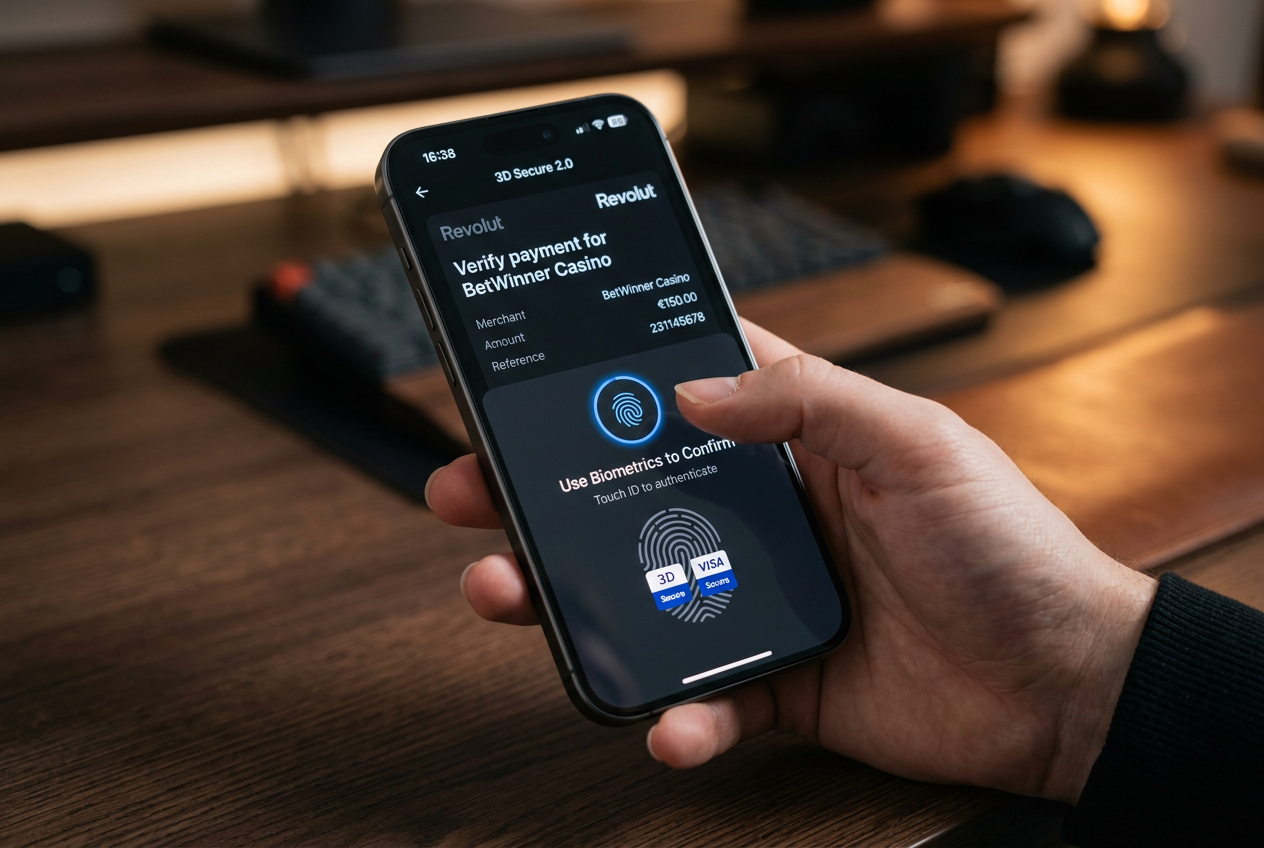 Smartphone interface showing Revolut 3D Secure 2.0 biometric authorization for a casino deposit