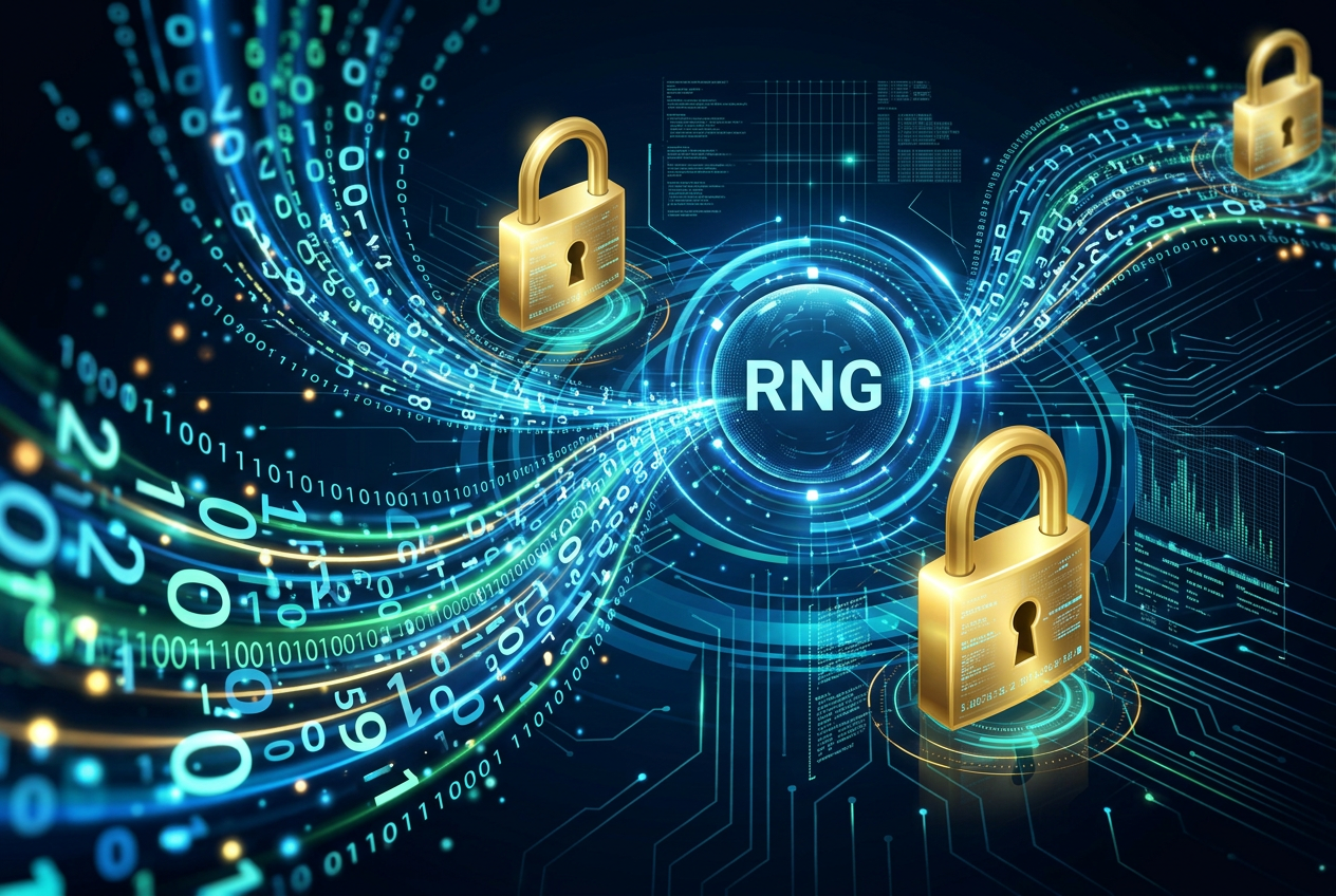 Visual representation of a Random Number Generator process with abstract digital numbers and locked padlocks signifying security