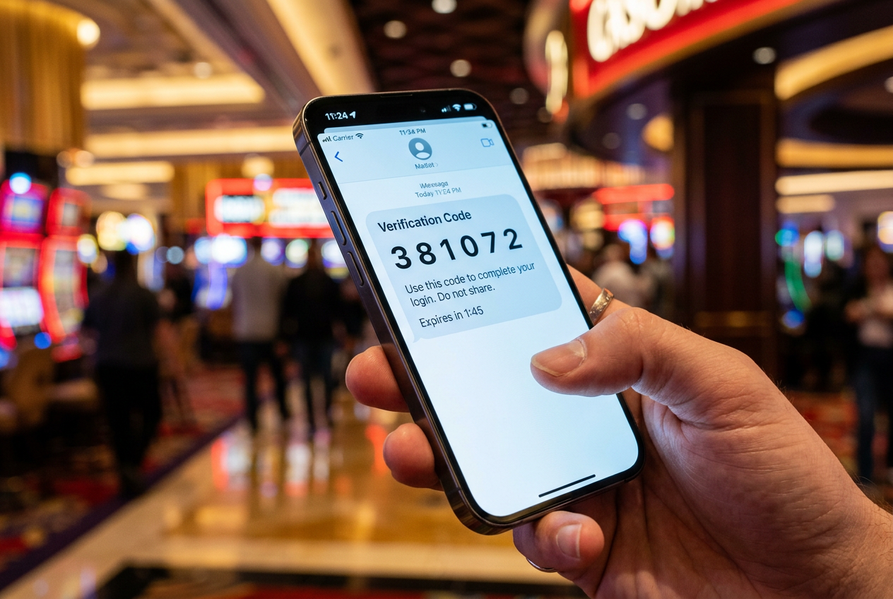 Osoba korzystająca ze smartfona do autoryzacji płatności SMS w aplikacji kasyna online
